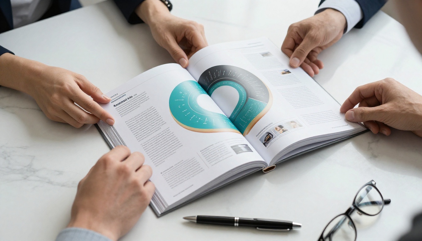 Hands turning glossy pages of a printed company annual report on a marble conference table showing vivid donut chart infographic spreads