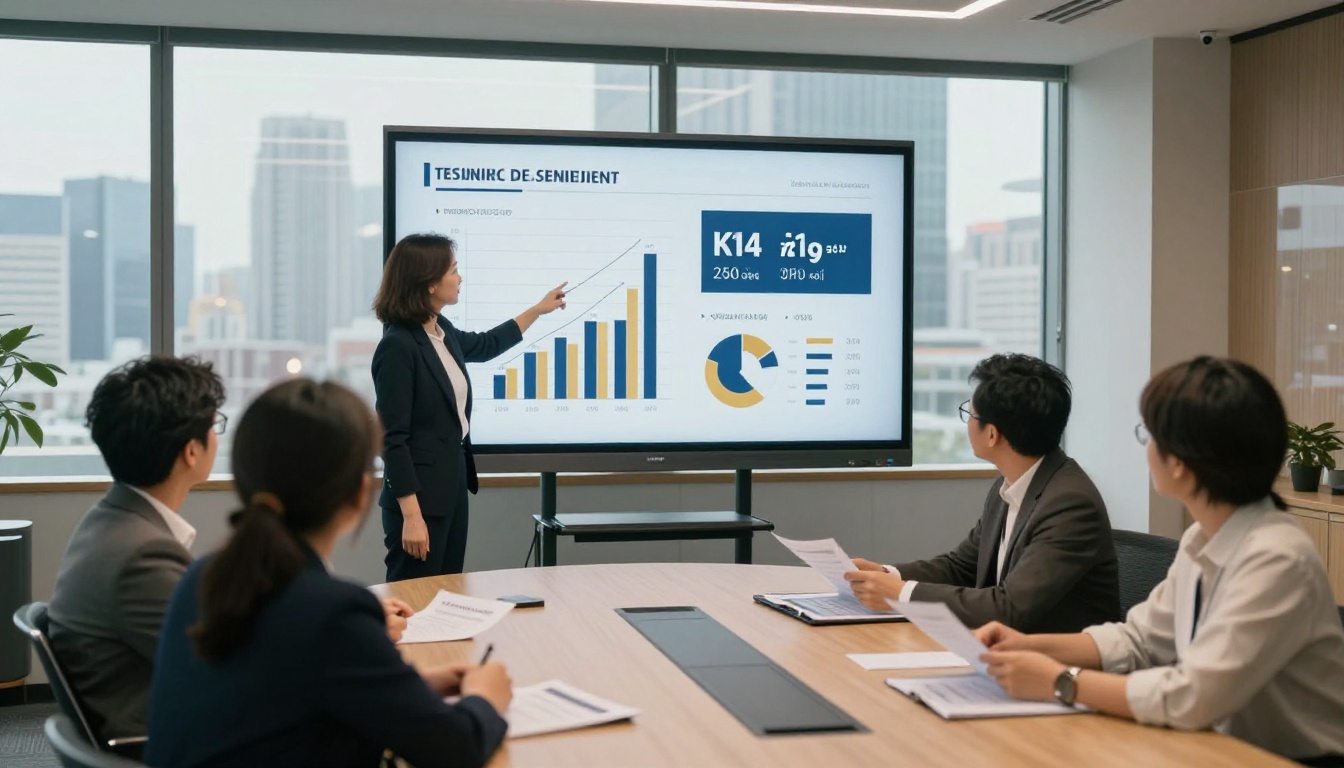 A businesswoman presents a company performance report with data visualizations to colleagues in a modern glass-walled conference room