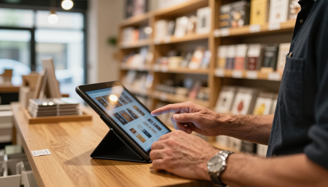 A retail business owner reviewing a product catalog flipbook on a tablet at a store counter