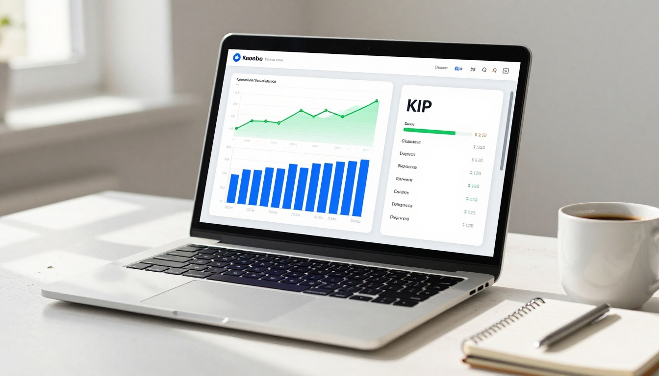 A laptop screen showing a corporate data dashboard with interactive KPI cards, bar charts in deep blue, and a quarterly revenue line graph