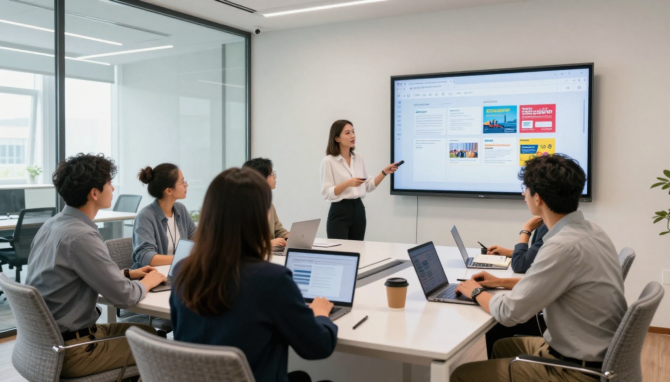A marketing team in a conference room presenting a digital brochure on a large screen