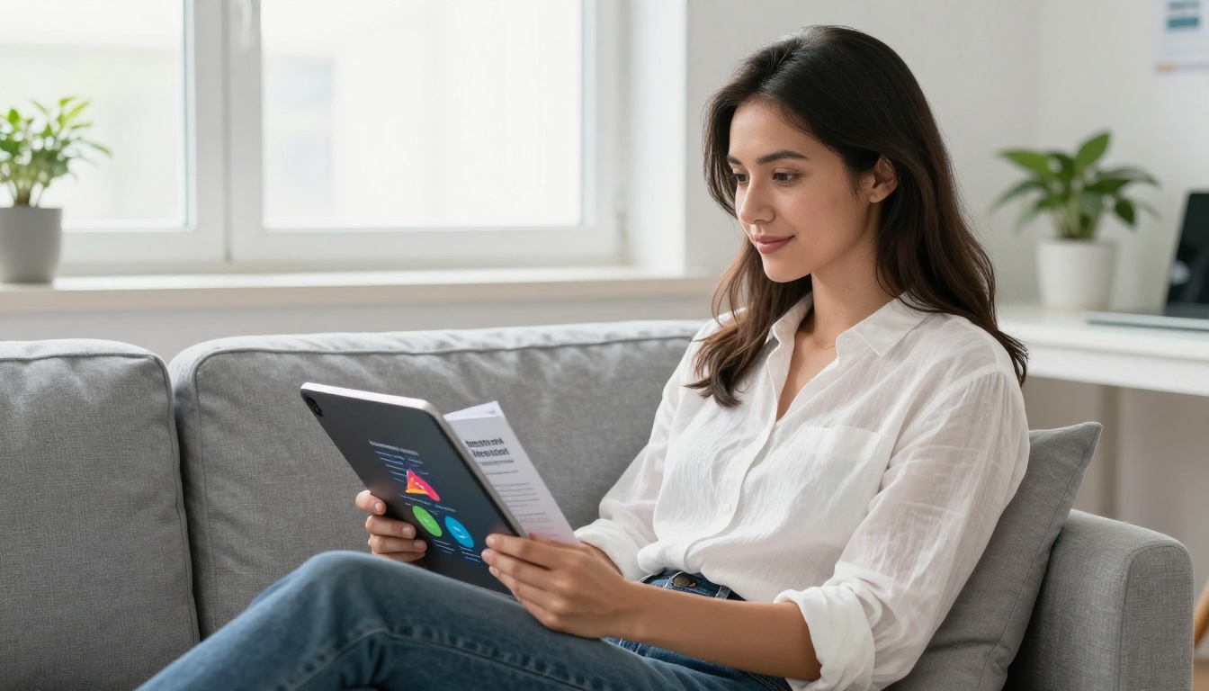 A young professional woman reads an interactive digital company report flipbook on an iPad in a minimalist home office with bright natural light
