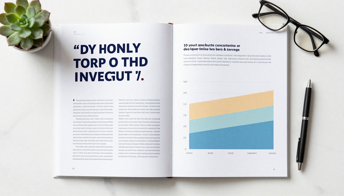 Overhead flat lay of an open company annual report showing generous white space, a bold pull quote, and a clean horizontal bar chart