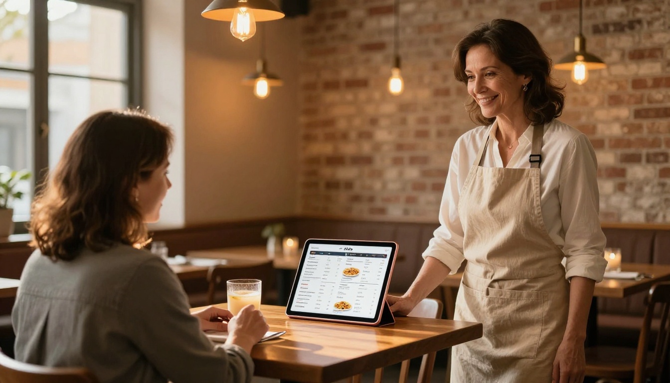 A restaurant owner showing a digital menu flipbook on an iPad to customers at a dining table