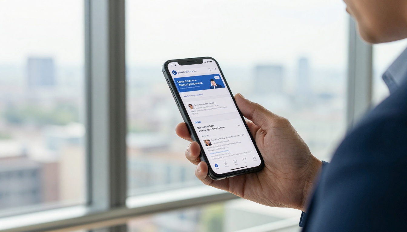 A man in a navy blazer stands at a glass office window, sharing a digital company report link on his smartphone with soft city bokeh behind him