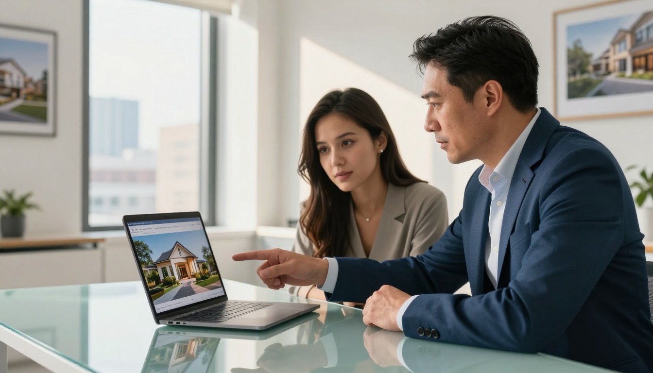 A real estate agent pointing at a property brochure flipbook on a laptop for a couple of buyers