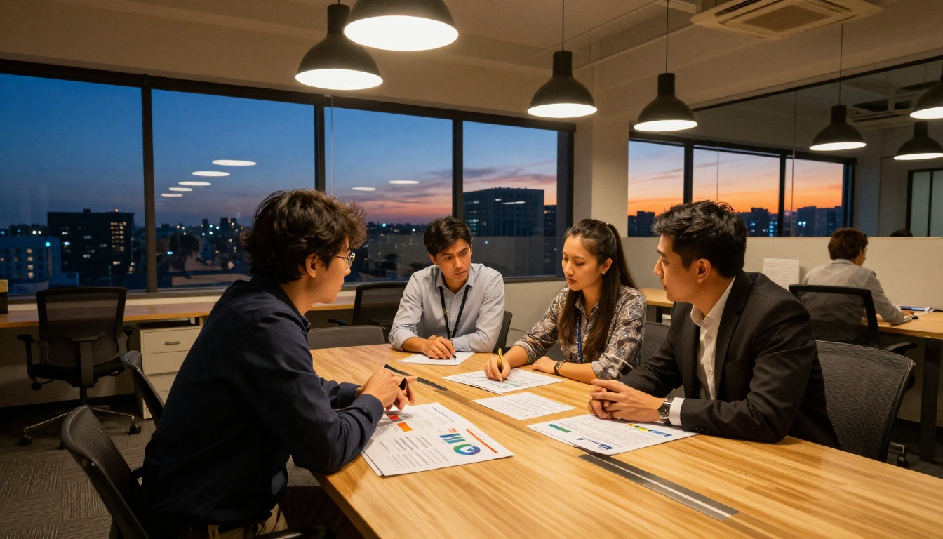 Three colleagues sit around a light wood table in a modern office at dusk, discussing open company reports with warm pendant lighting above