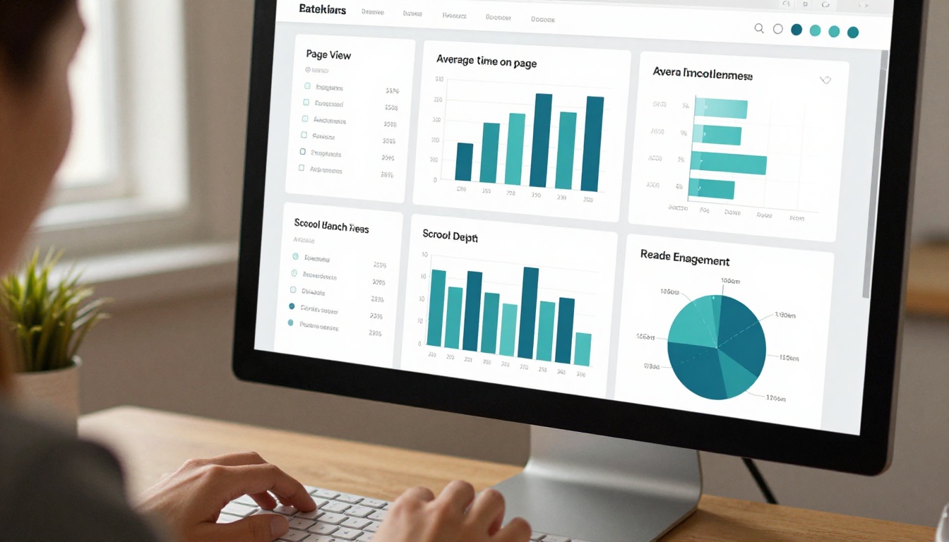 A woman reviews a web-based analytics dashboard for a digital company report showing page views, time-on-page stats, and interaction heatmaps