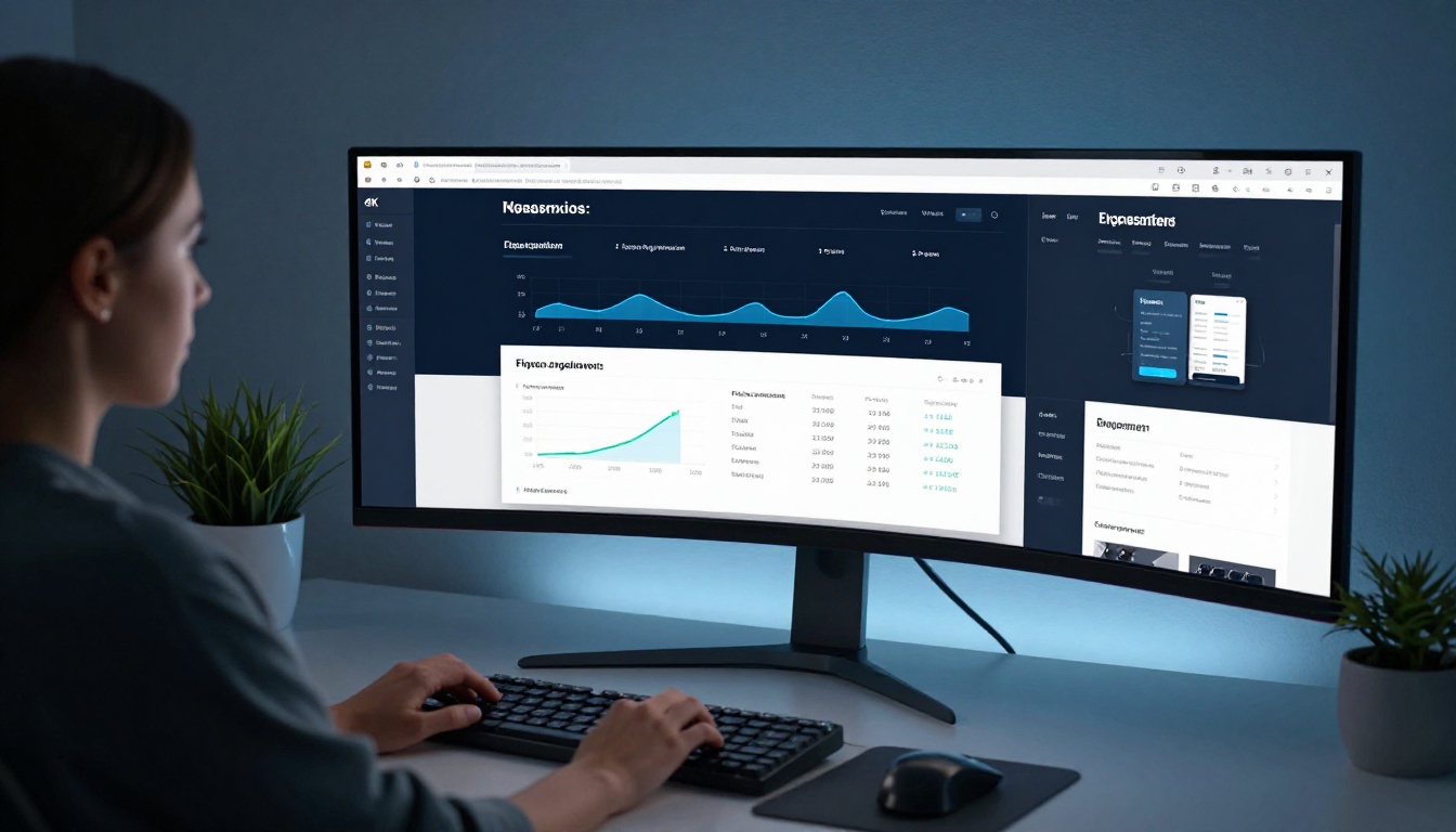 A digital marketing professional at a standing desk viewing flipbook analytics on a large curved monitor