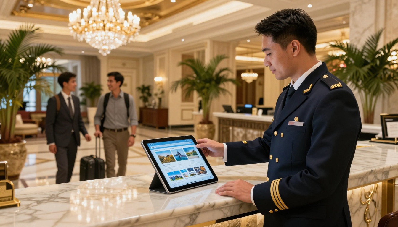 A hotel concierge in a formal navy uniform showing a digital travel guide flipbook on a tablet to hotel guests at a marble reception desk