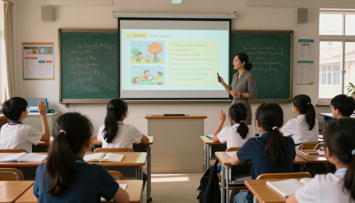 A teacher standing beside a bright classroom projector screen showing an interactive educational flipbook to engaged students