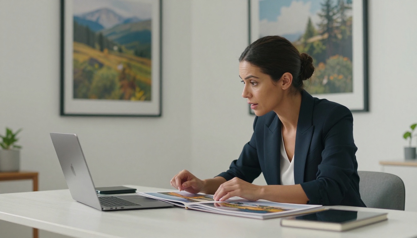 A female photographer presenting her portfolio flipbook to a potential client on a MacBook Pro A female photographer presenting her portfolio flipbook to a potential client on a MacBook Pro