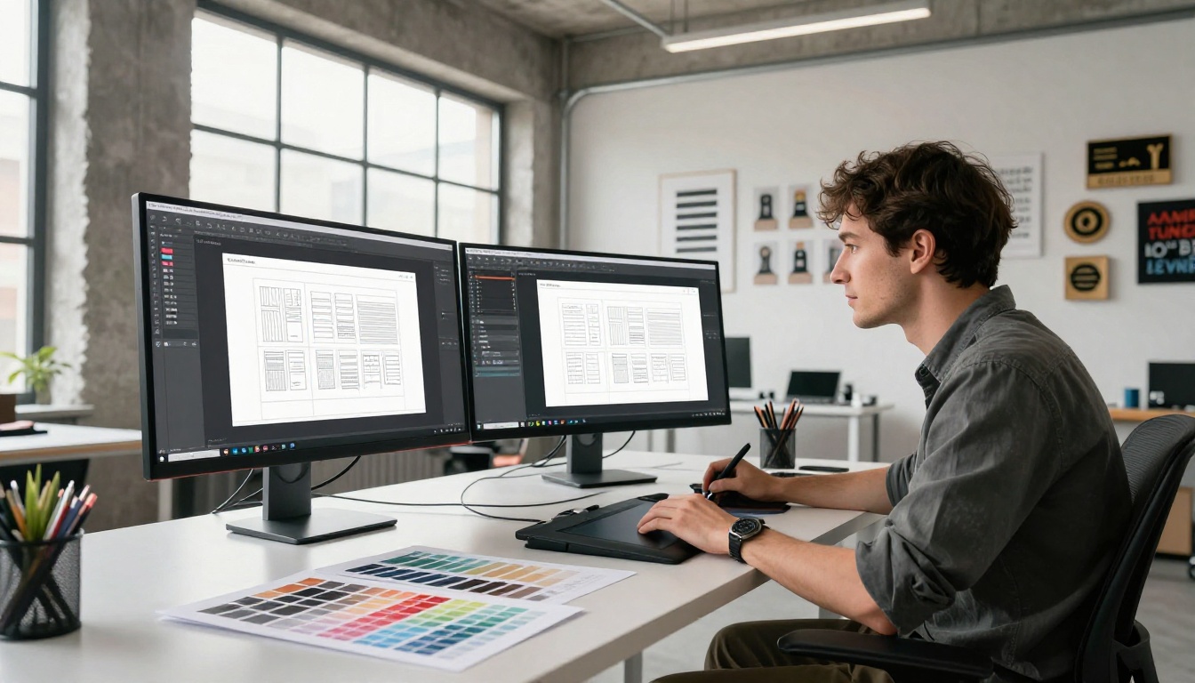 A graphic designer working on PDF documents at a bright design studio desk with dual monitors