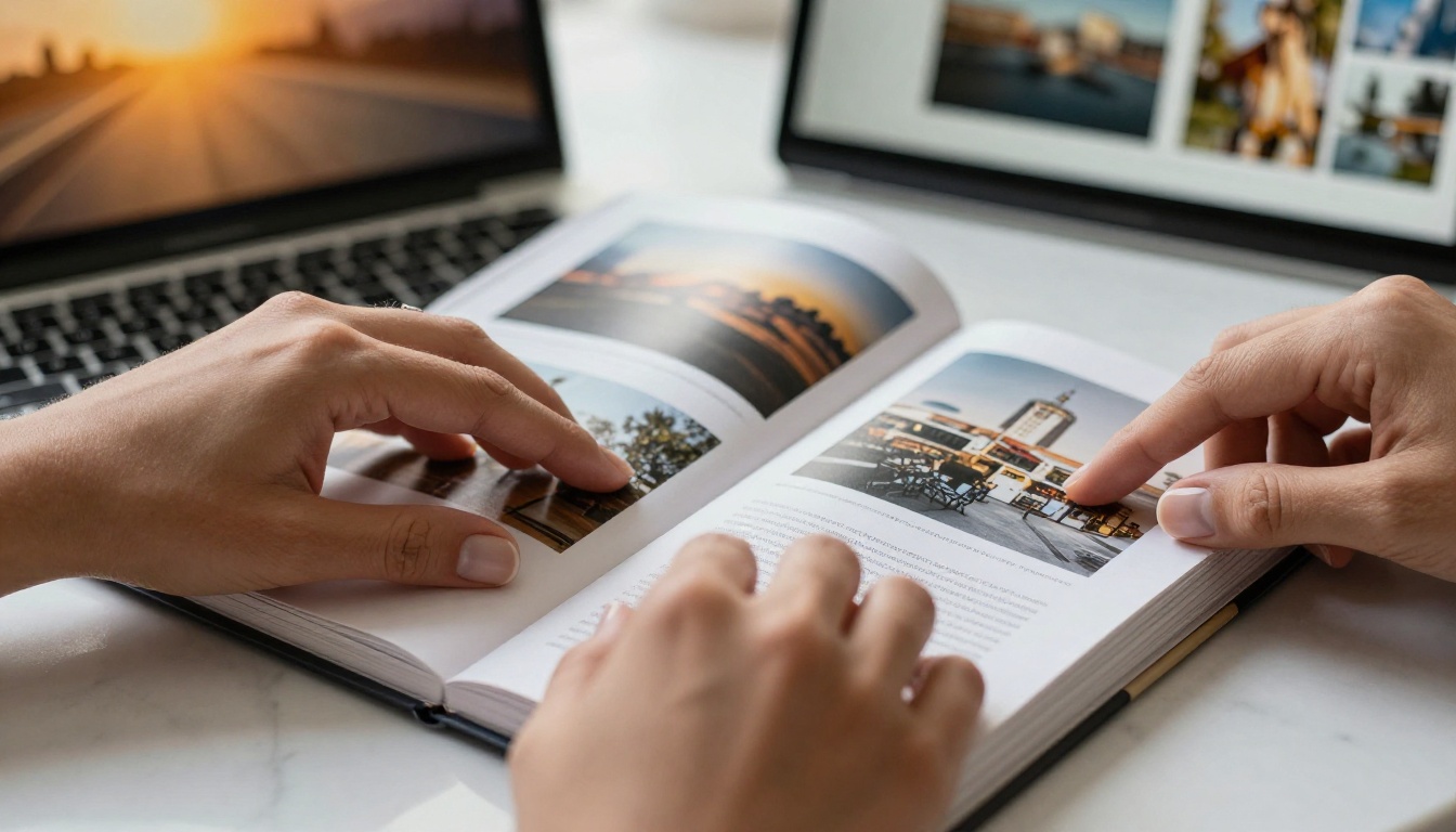 Close-up of hands turning pages of a fine-art photography portfolio book with a digital flipbook visible in background Close-up of hands turning pages of a fine-art photography portfolio book with a digital flipbook visible in background