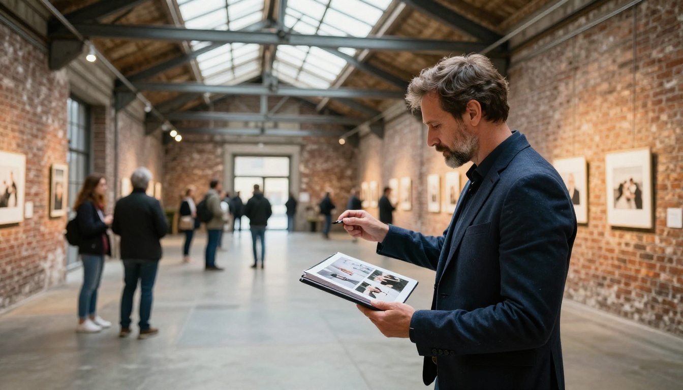 Male photographer in a warehouse gallery space showing a wedding flipbook to clients on a tablet Male photographer in a warehouse gallery space showing a wedding flipbook to clients on a tablet