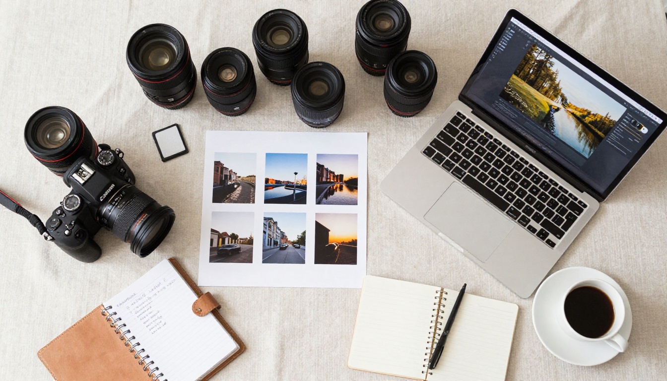Overhead flat-lay of photographer workspace with camera gear and a laptop showing a flipbook portfolio Overhead flat-lay of photographer workspace with camera gear and a laptop showing a flipbook portfolio