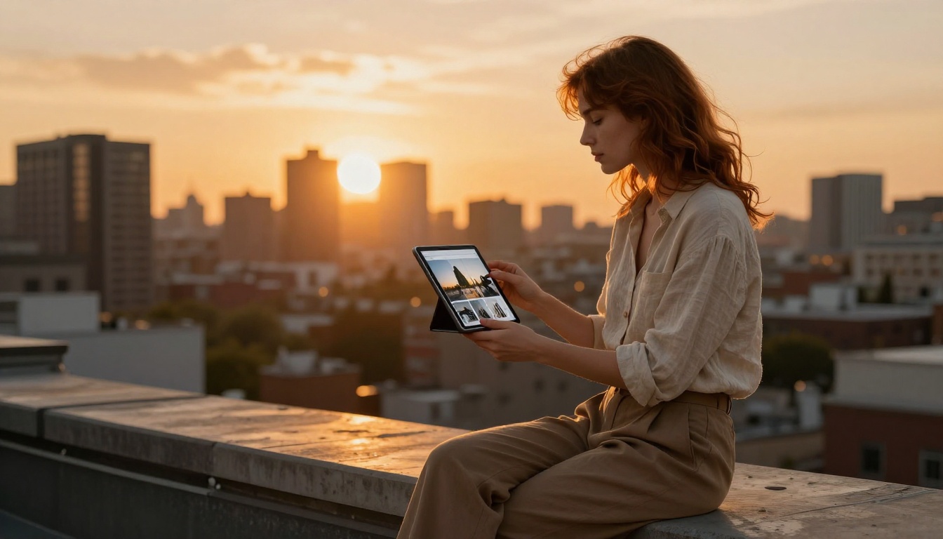 Young photographer reviewing her photography flipbook on an iPad Pro during golden hour on a rooftop Young photographer reviewing her photography flipbook on an iPad Pro during golden hour on a rooftop