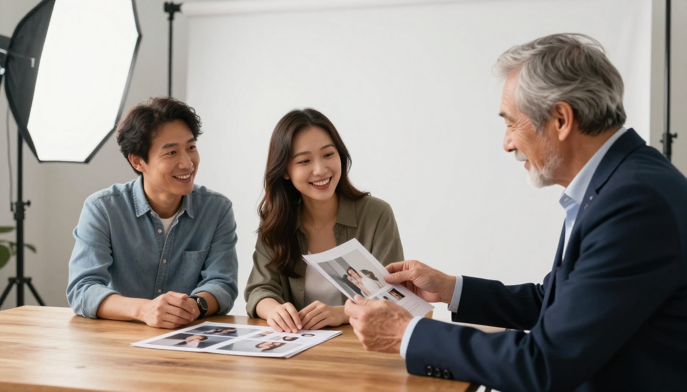 A photographer presenting a flipbook portfolio to a couple during a studio consultation A photographer presenting a flipbook portfolio to a couple during a studio consultation