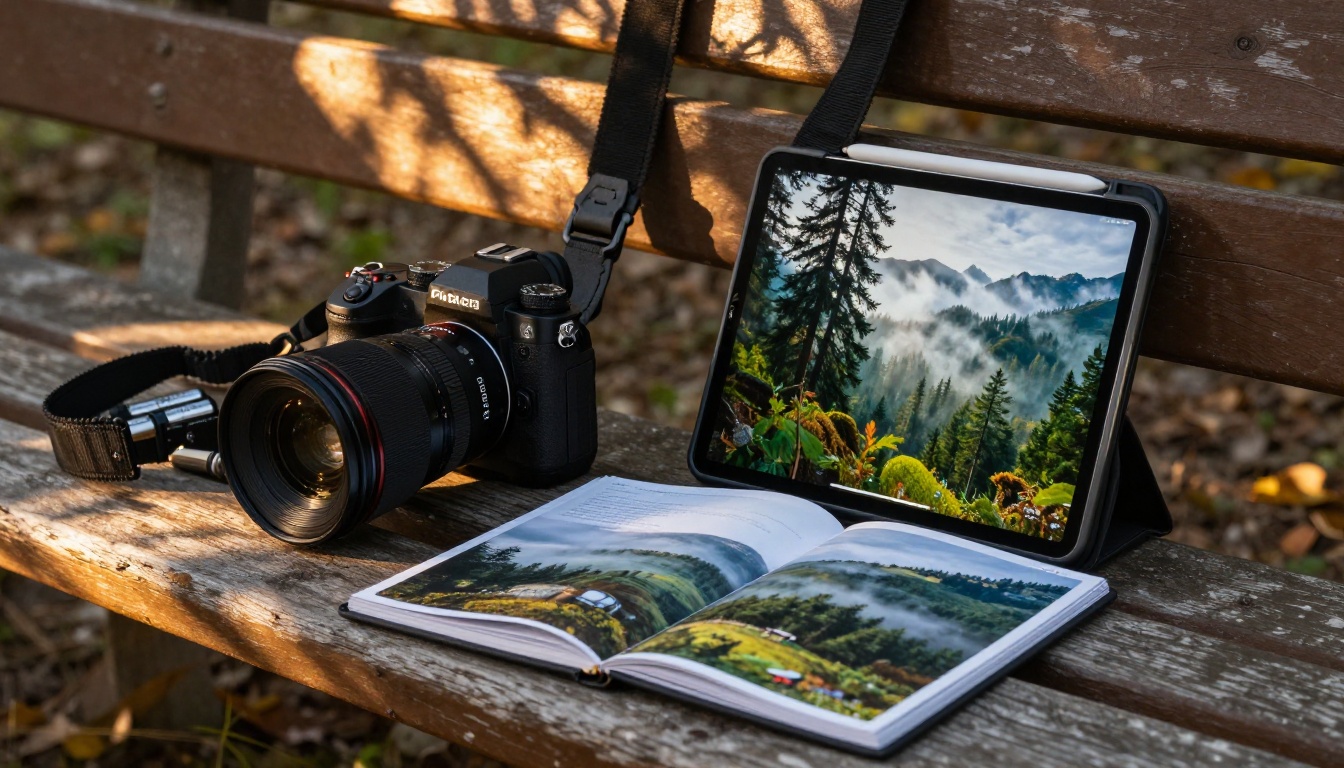 Open camera bag on a wooden park bench with tablet showing a nature photography flipbook portfolio Open camera bag on a wooden park bench with tablet showing a nature photography flipbook portfolio