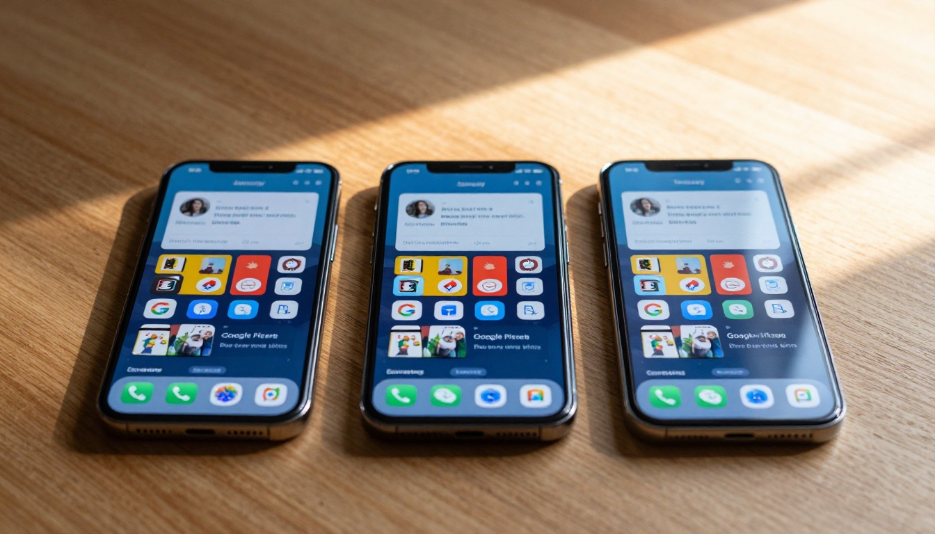 Three smartphones side by side showing identical flipbook pages on a wooden desk