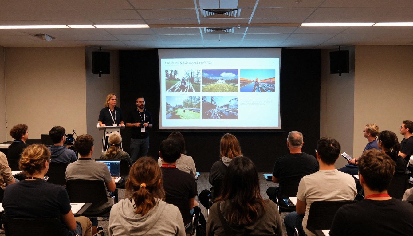 A photography workshop presenter showing a portfolio flipbook projected on a large screen to an audience of photographers A photography workshop presenter showing a portfolio flipbook projected on a large screen to an audience of photographers