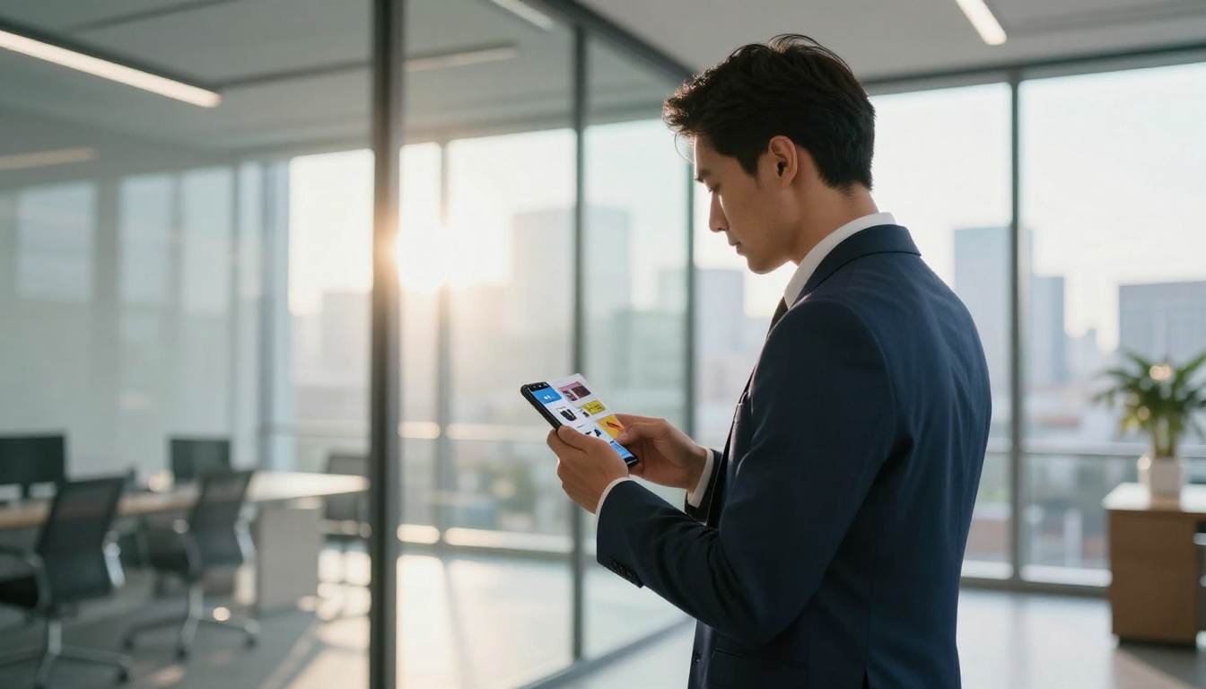 Businessman in glass office holding smartphone showing product catalog flipbook