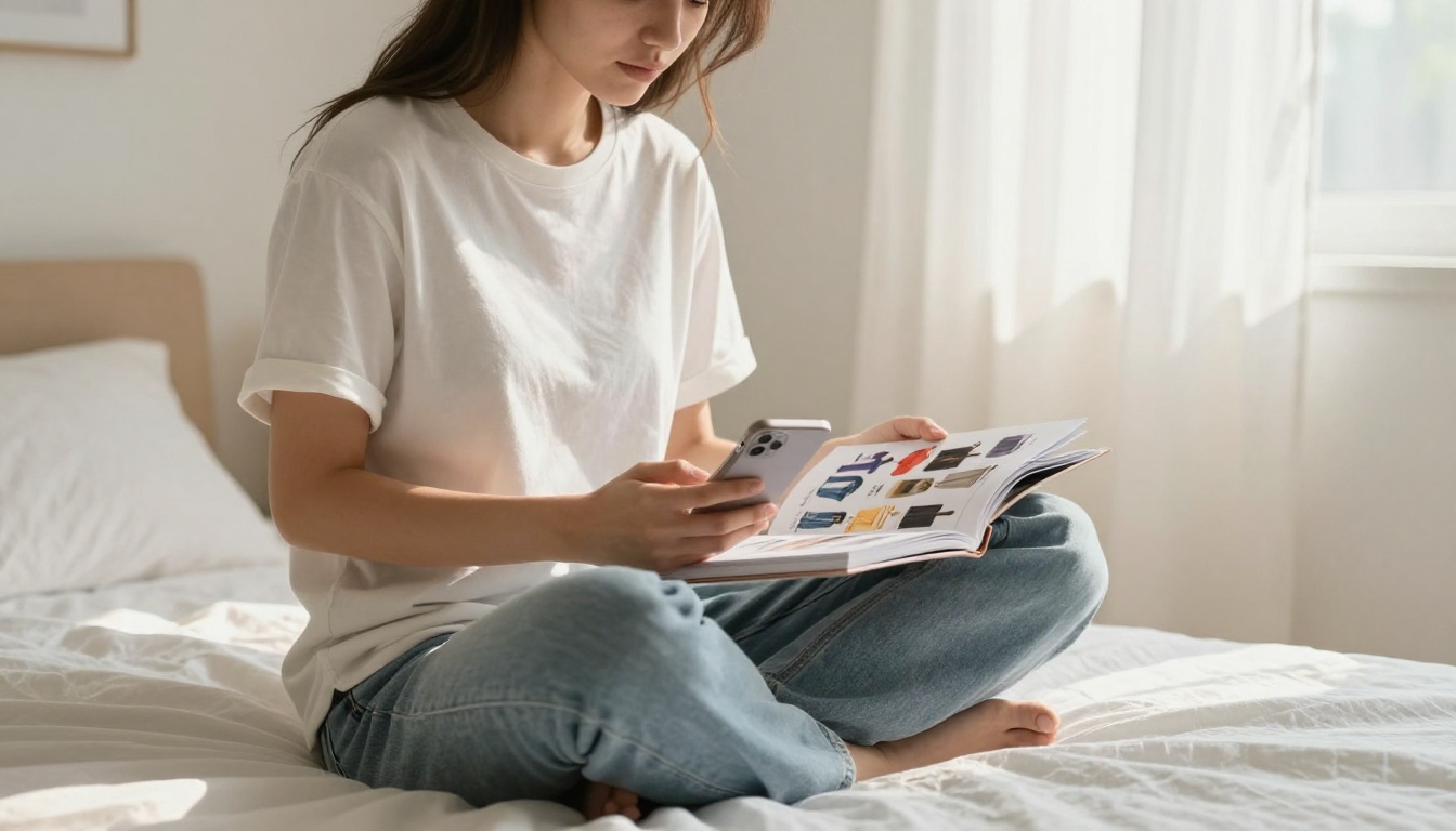 Woman in minimalist bedroom browsing a fashion lookbook flipbook on her iPhone