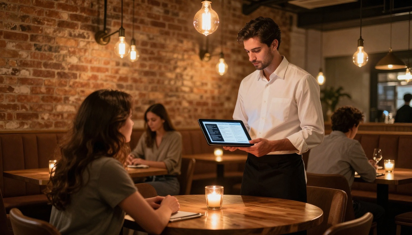 Waiter showing digital menu flipbook on tablet to couple at restaurant table