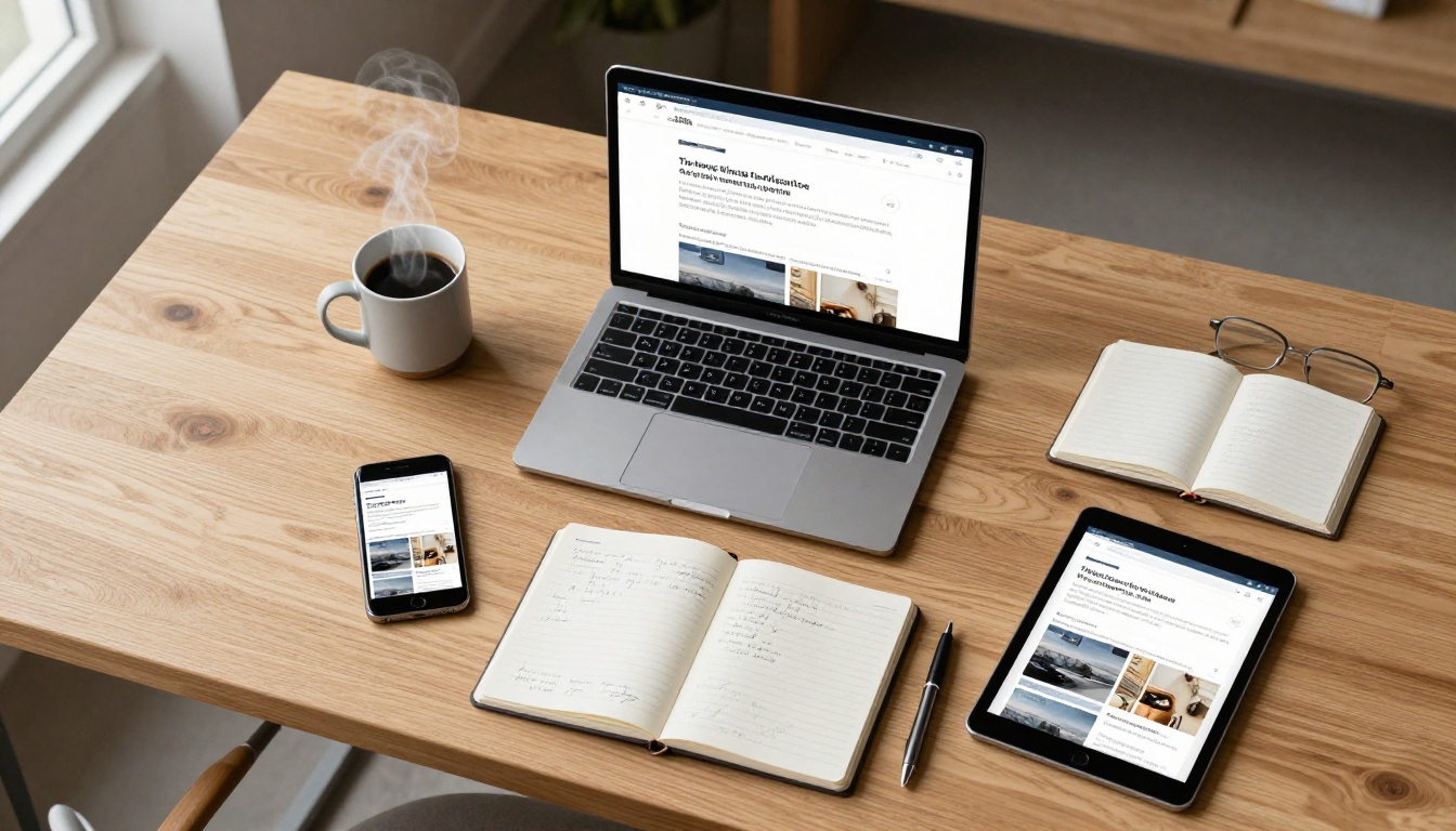 Aerial top-down workspace view showing laptop, smartphone, and tablet all showing the same flipbook
