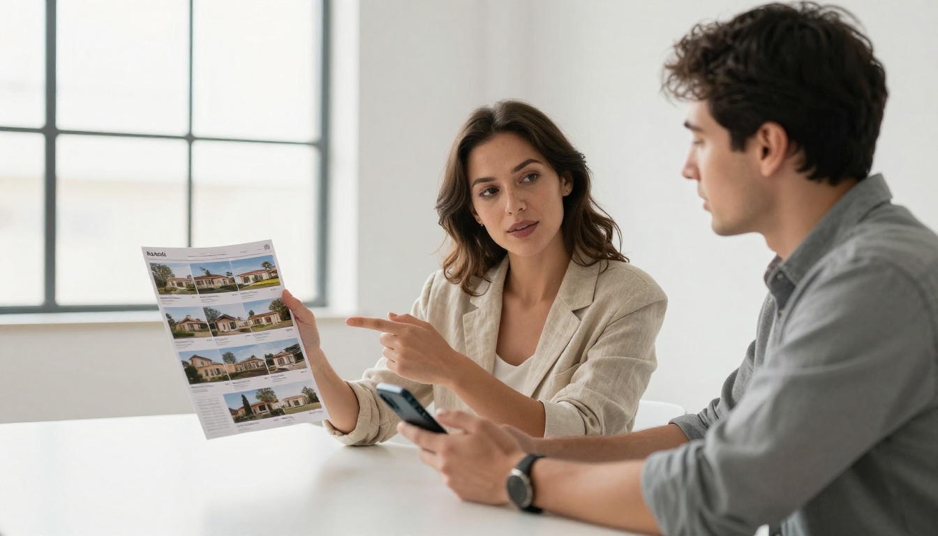 Woman showing real estate brochure flipbook on smartphone to colleague in a bright studio