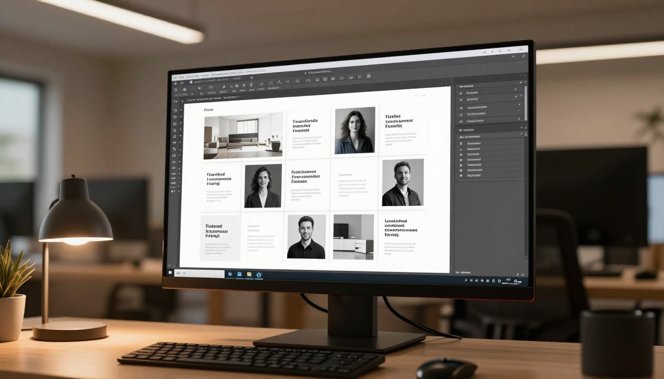 Professional graphic designer working at a large desktop monitor with PDF layout software