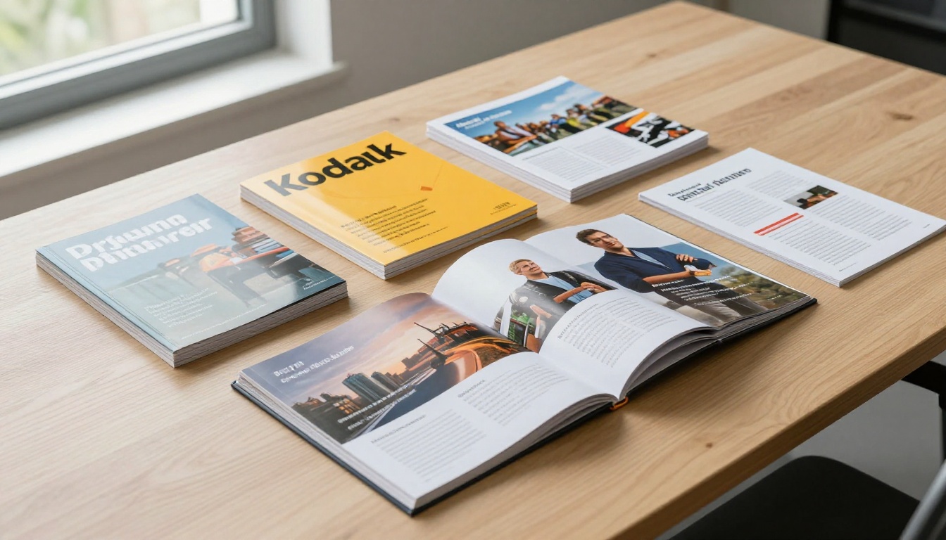 Neatly arranged stack of colorful printed marketing catalogs on a conference table