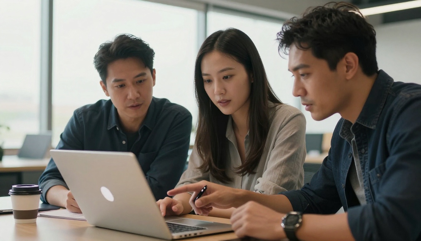 Three business professionals gathered around a laptop reviewing a digital publication