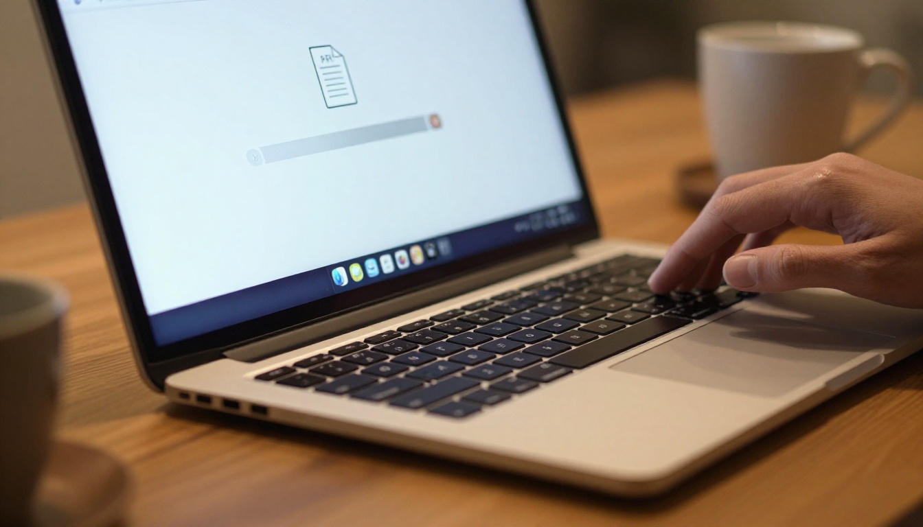 Close-up of a laptop screen showing a PDF upload interface with file conversion progress