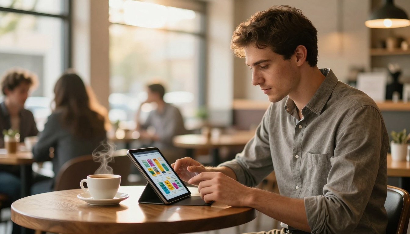Business professional reviewing a digital flipbook on a tablet in a warm modern cafe