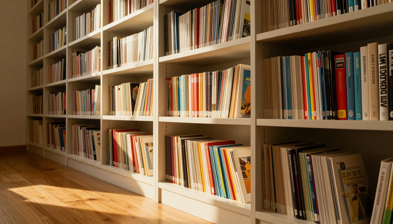 A beautifully organized modern bookshelf filled with colorful printed publications and catalogs