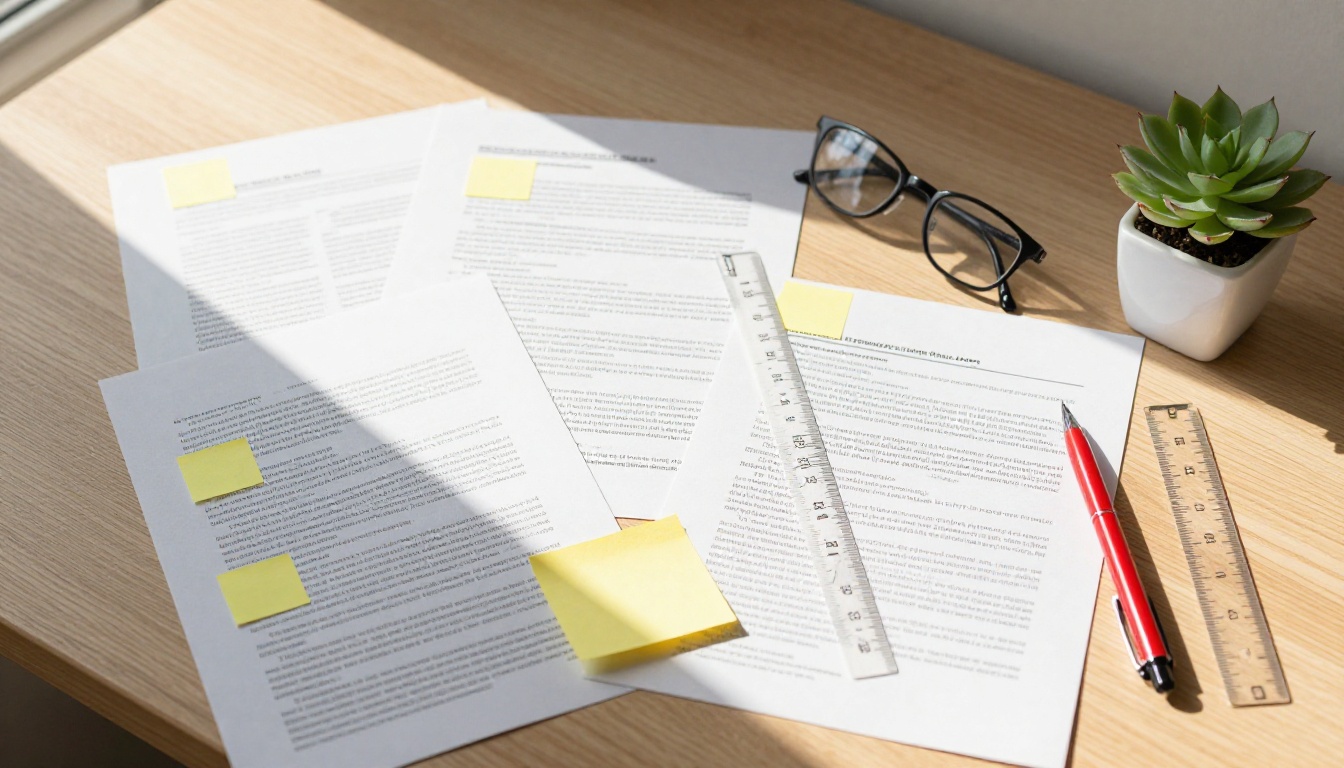 Blogger's printed blog posts spread across a wooden desk with sticky notes and editing pen Blogger's printed blog posts spread across a wooden desk with sticky notes and editing pen
