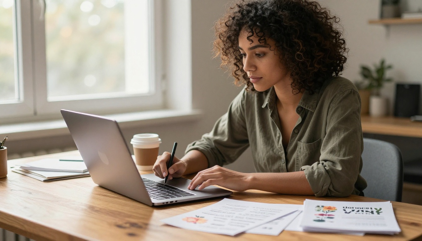 A focused event planner designing a digital event program on a laptop at a sunlit wooden desk A focused event planner designing a digital event program on a laptop at a sunlit wooden desk