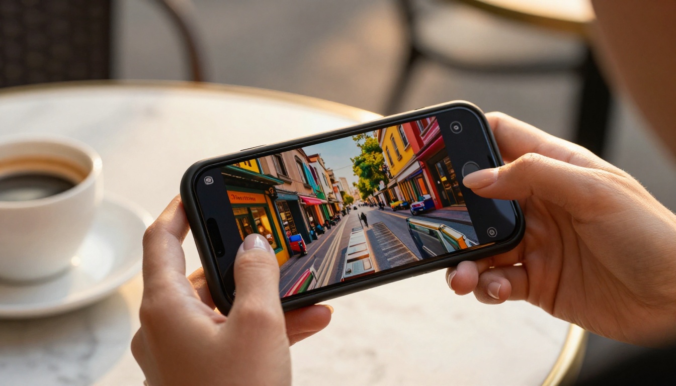 Sharing a digital flipbook on social media from a smartphone at a cafe