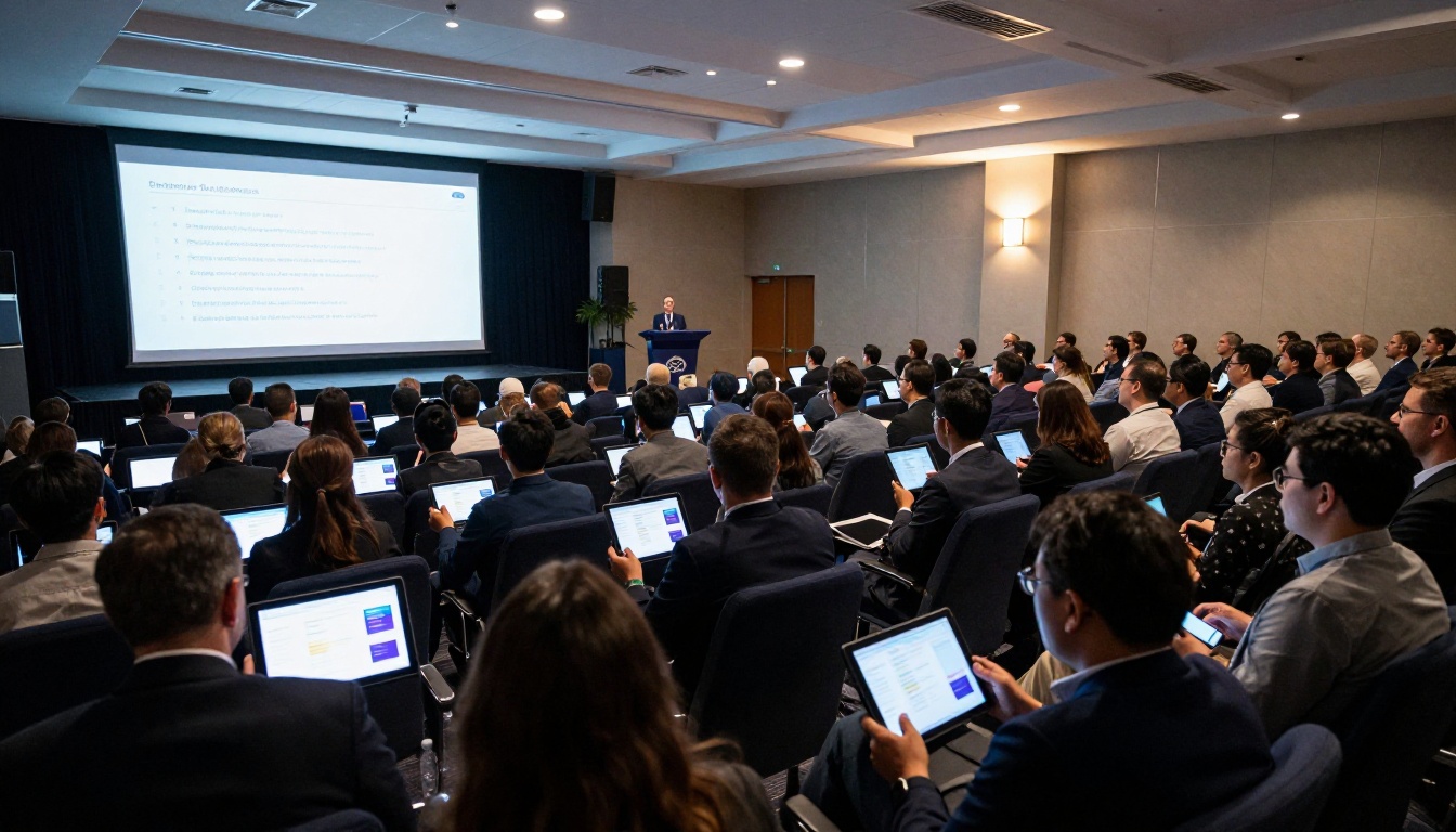 Hundreds of conference attendees holding tablets and phones displaying digital programs in a modern conference hall Hundreds of conference attendees holding tablets and phones displaying digital programs in a modern conference hall