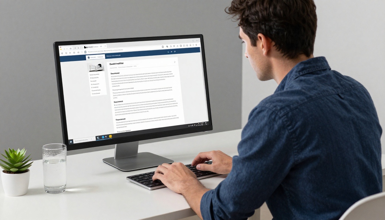A man composing an email newsletter on a widescreen monitor in a minimalist office