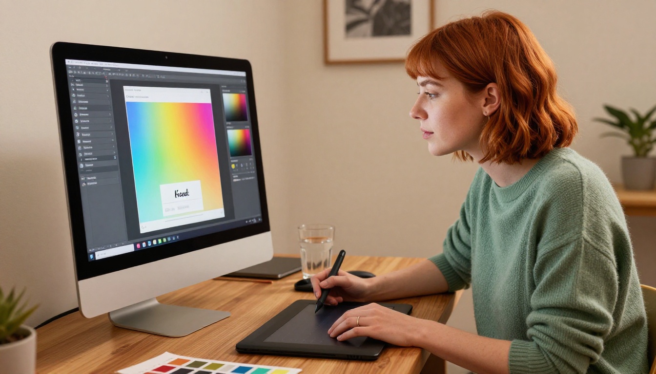 Designer customizing flipbook colors and branding on an iMac with Wacom tablet Designer customizing flipbook colors and branding on an iMac with Wacom tablet
