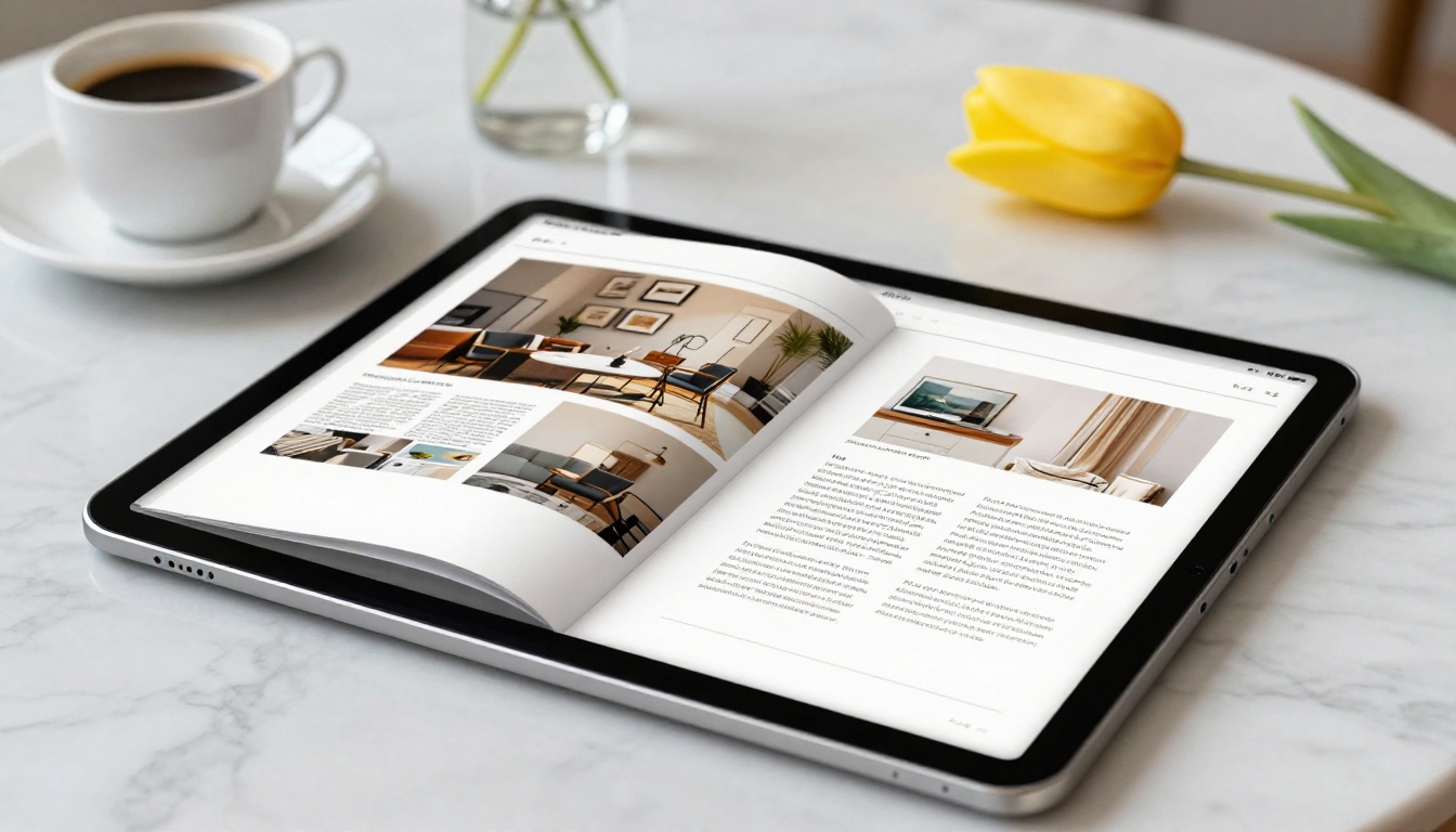iPad showing an open flipbook with magazine aesthetic on a marble table with espresso and tulip iPad showing an open flipbook with magazine aesthetic on a marble table with espresso and tulip
