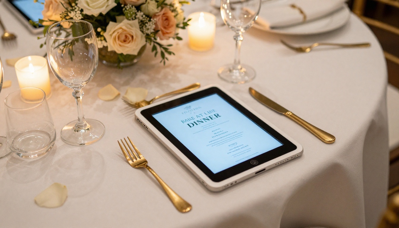 An elegant wedding reception dinner table viewed from above with an iPad displaying a digital program beside a floral centerpiece An elegant wedding reception dinner table viewed from above with an iPad displaying a digital program beside a floral centerpiece