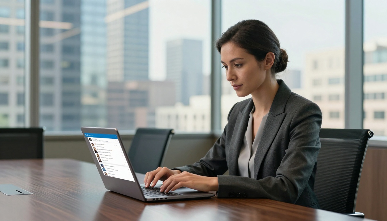 Professional woman sharing a flipbook on LinkedIn from a corporate conference room