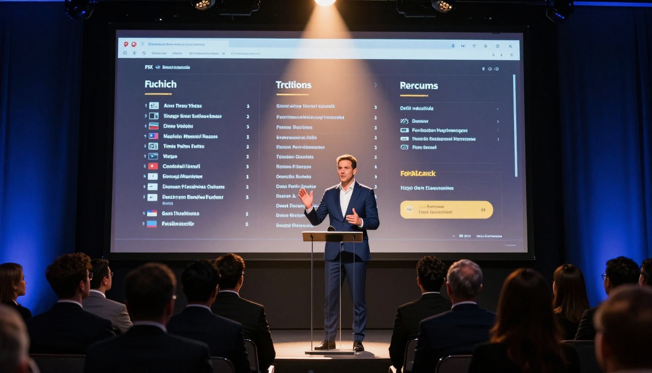 A corporate conference speaker at a modern podium gesturing toward a projection screen showing a digital event program A corporate conference speaker at a modern podium gesturing toward a projection screen showing a digital event program
