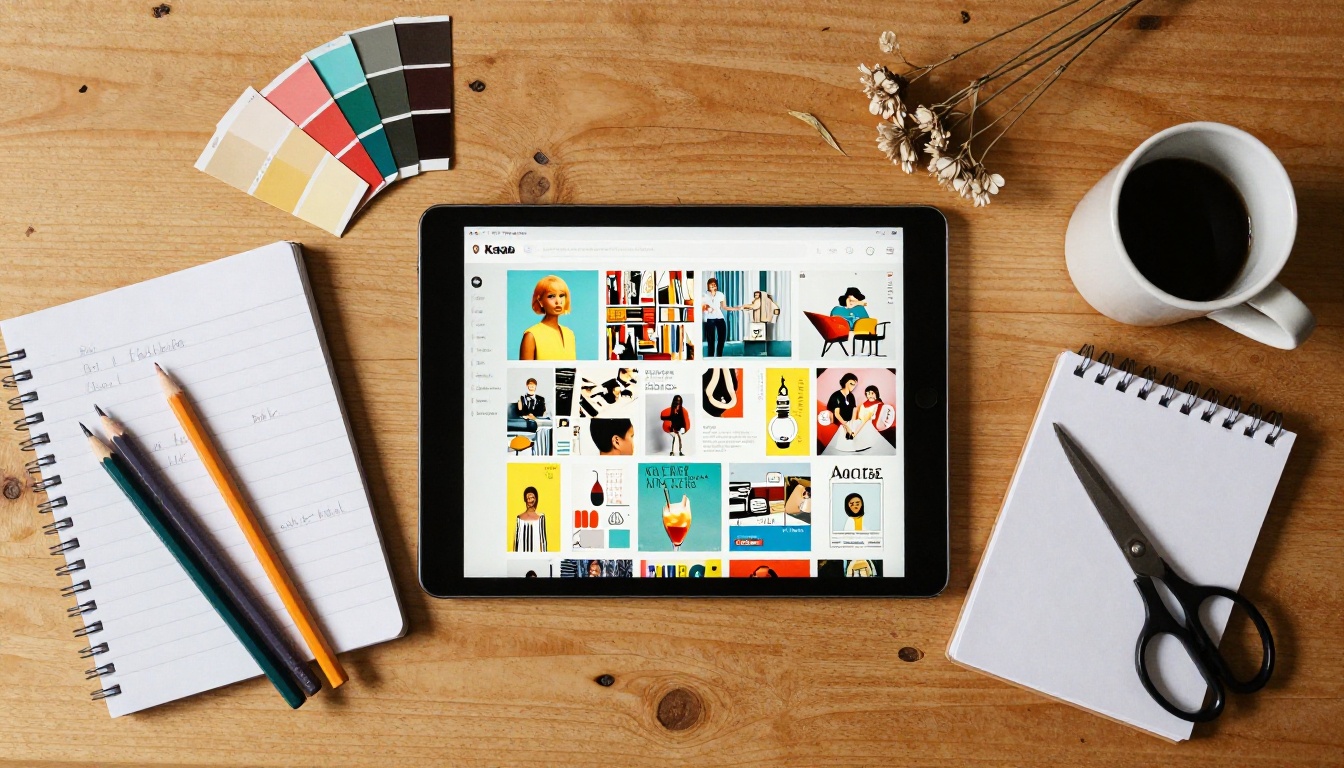 Flat-lay overhead shot of a tablet showing Pinterest boards surrounded by design tools and colorful swatches