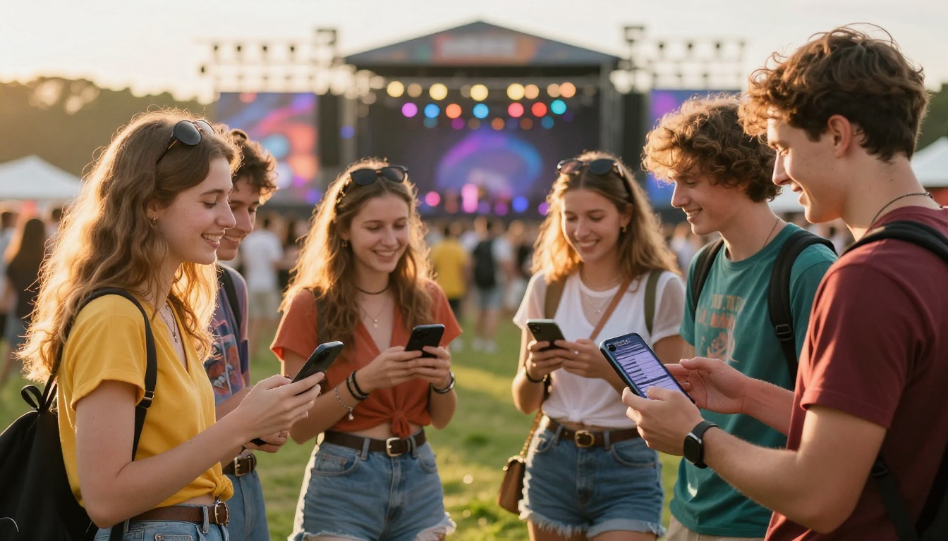 Young friends at a vibrant outdoor music festival holding smartphones displaying a digital event lineup Young friends at a vibrant outdoor music festival holding smartphones displaying a digital event lineup