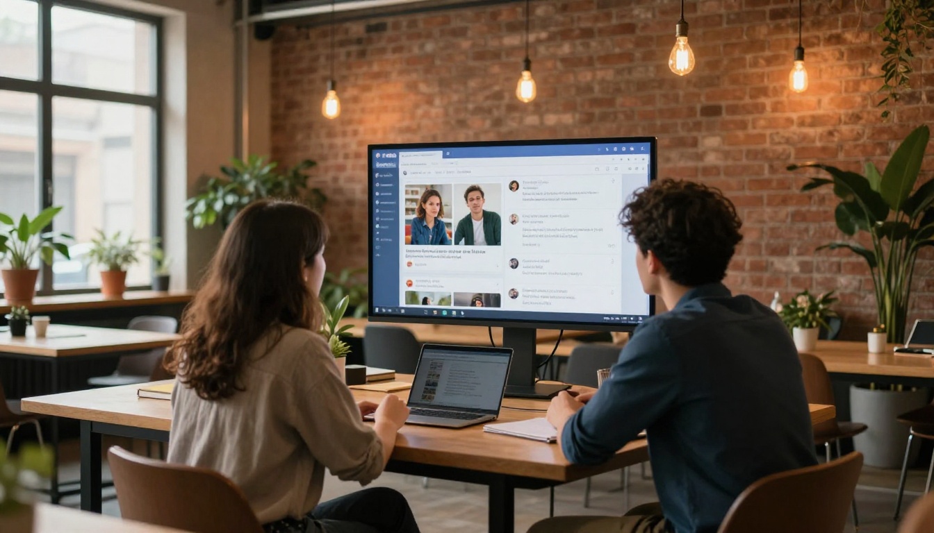 A creative team gathered around a monitor viewing shared flipbook content in a coworking space