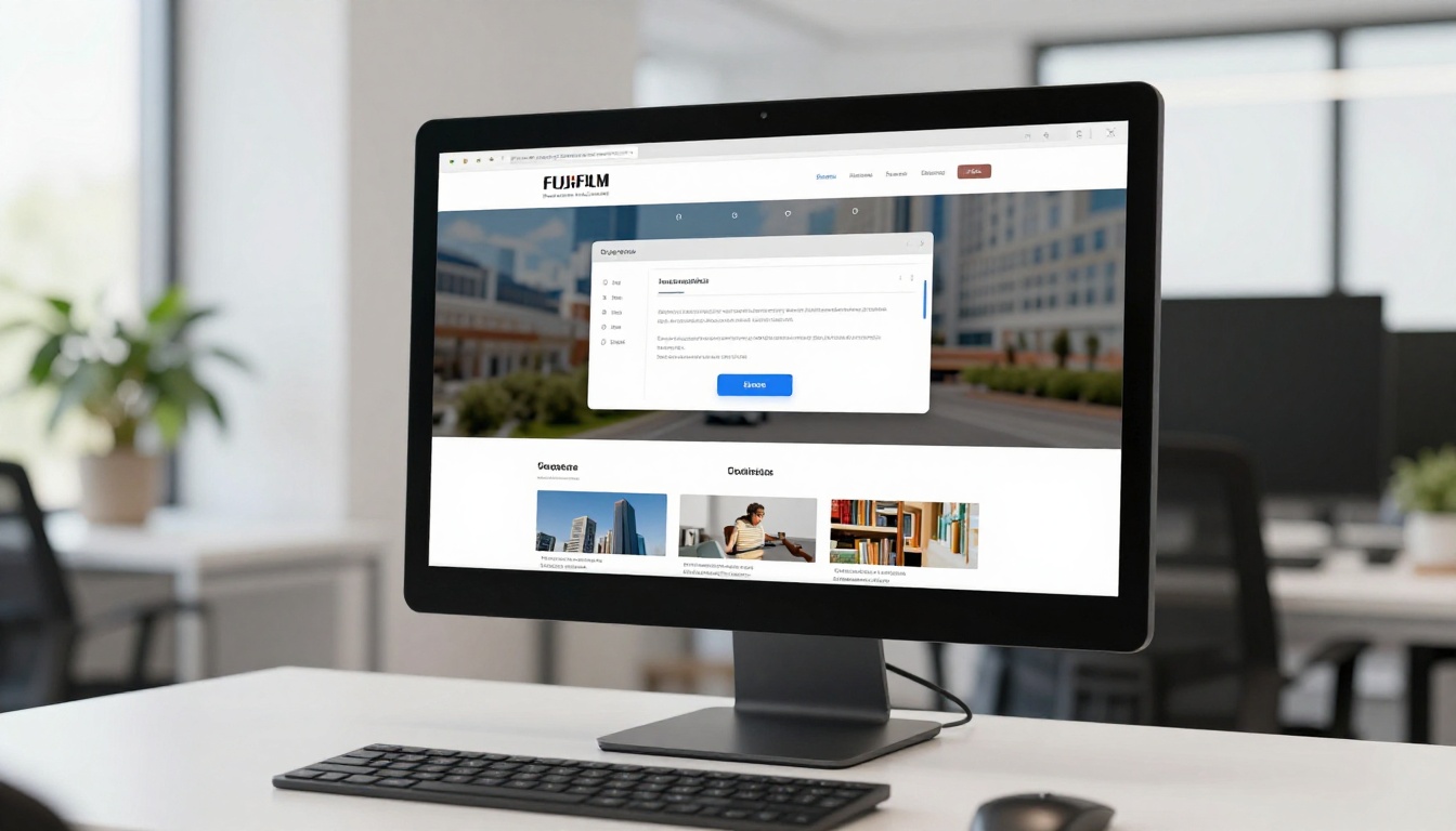 A modern business website with an embedded interactive flipbook displayed on a desktop monitor in a clean office